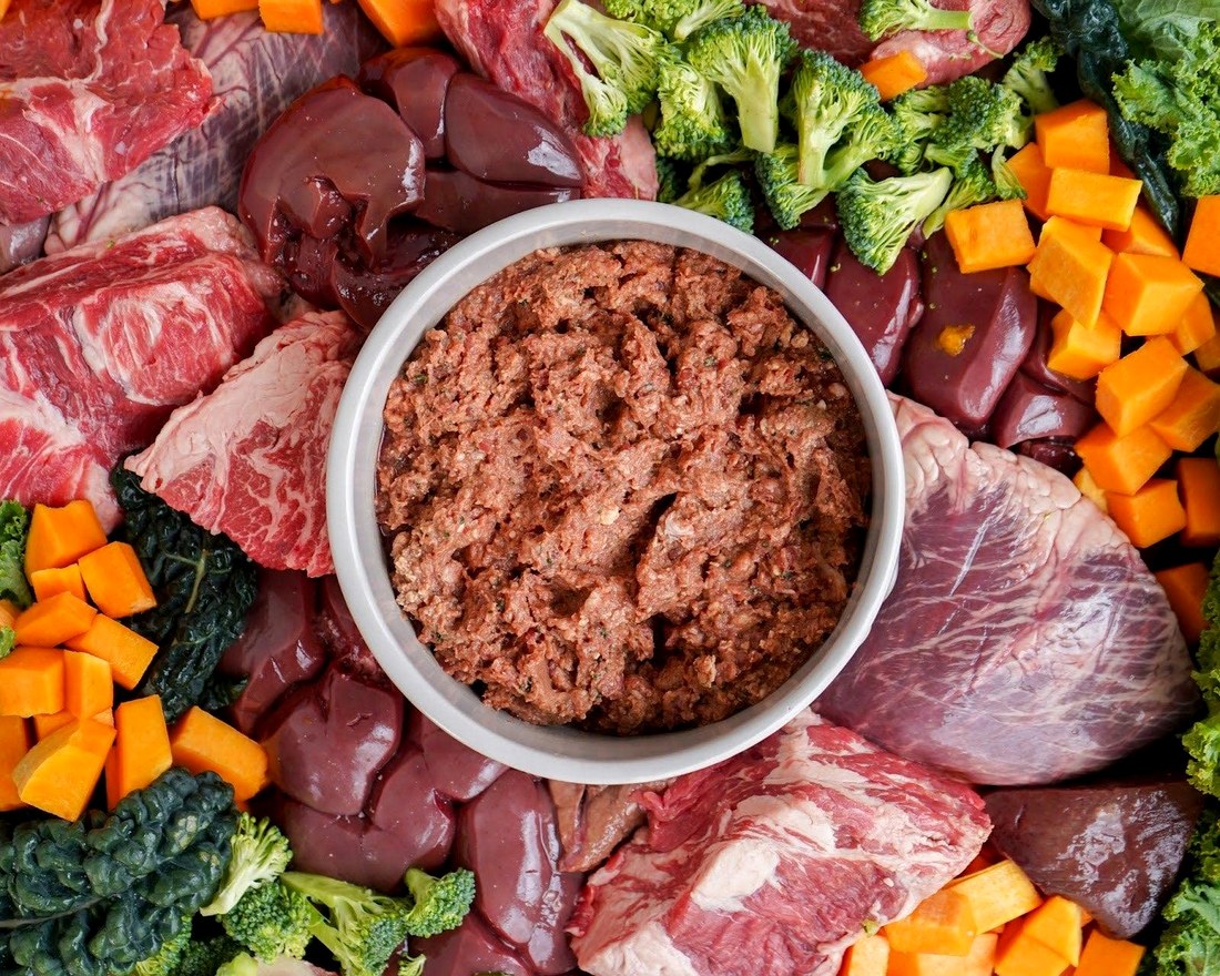 Raw pet food bowl surrounded by fresh meat, organs and vegetables